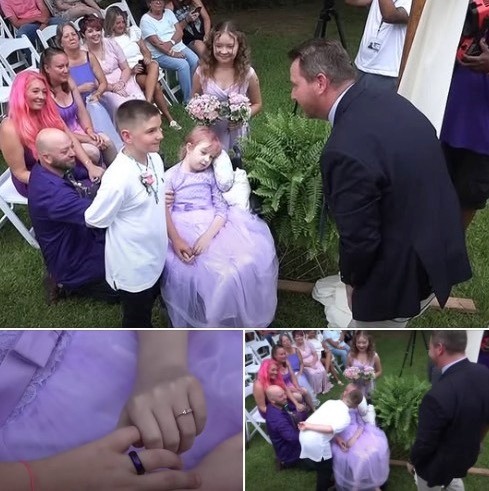 Brave little girl wheeled down the aisle
